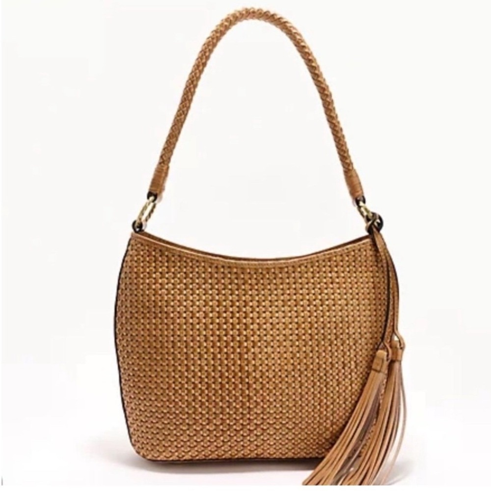 Patricia Nash Castelli Woven Leather Women Shoulder Hobo Bag Tan Brown Excellent